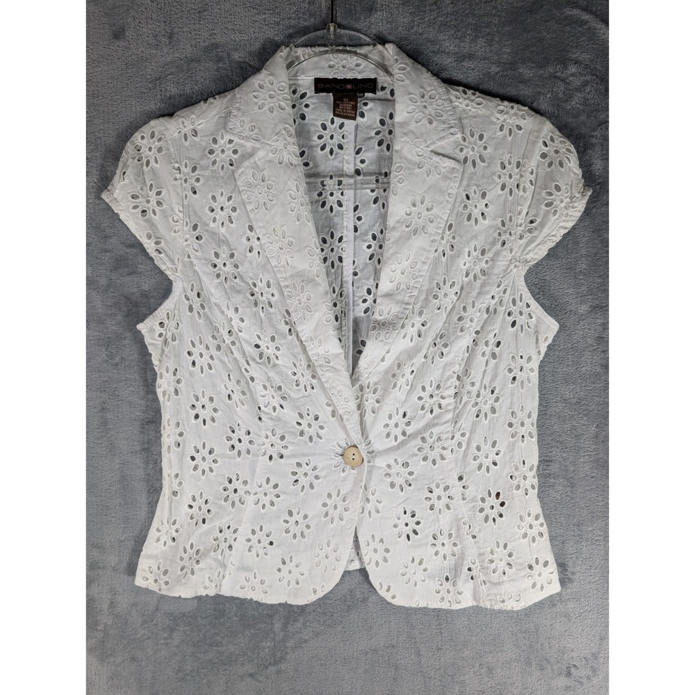 Bandolino Womens White Eyelet Floral Embroidered Short Sleeve Blazer Size 10